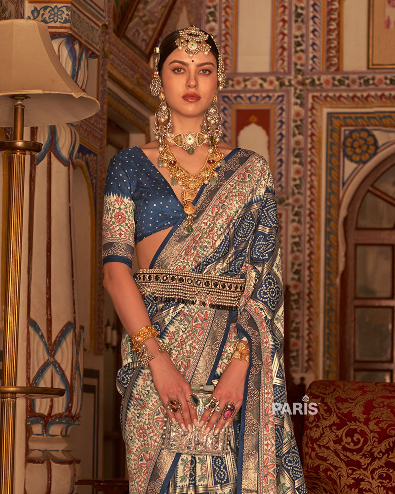 Blue and Cream Bandhani Saree with Unstitched Blouse and Belt 02