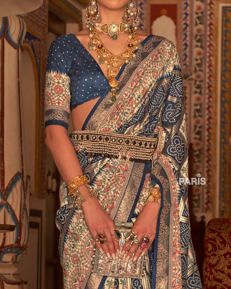 Blue and Cream Bandhani Saree with Unstitched Blouse and Belt 03