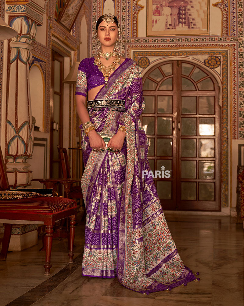 Purple and Cream Bandhani Saree with Unstitched Blouse and Belt 01