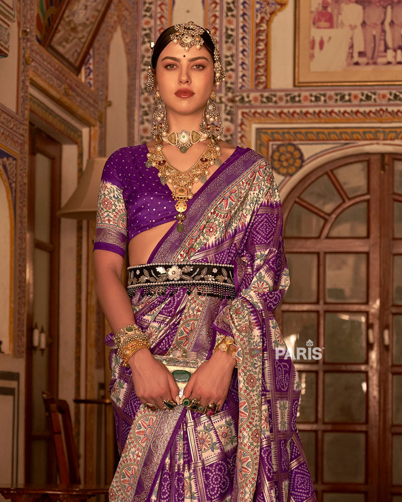 Purple and Cream Bandhani Saree with Unstitched Blouse and Belt 02