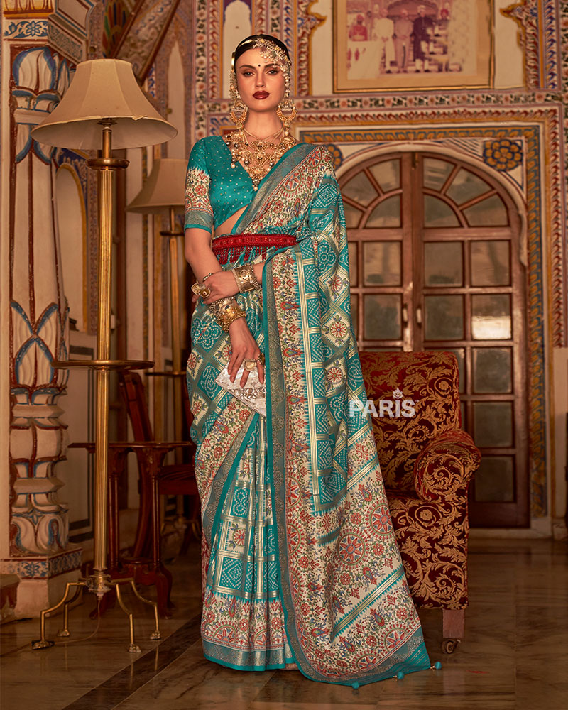 Rama Blue and Cream Bandhani Saree with Unstitched Blouse and Belt 01
