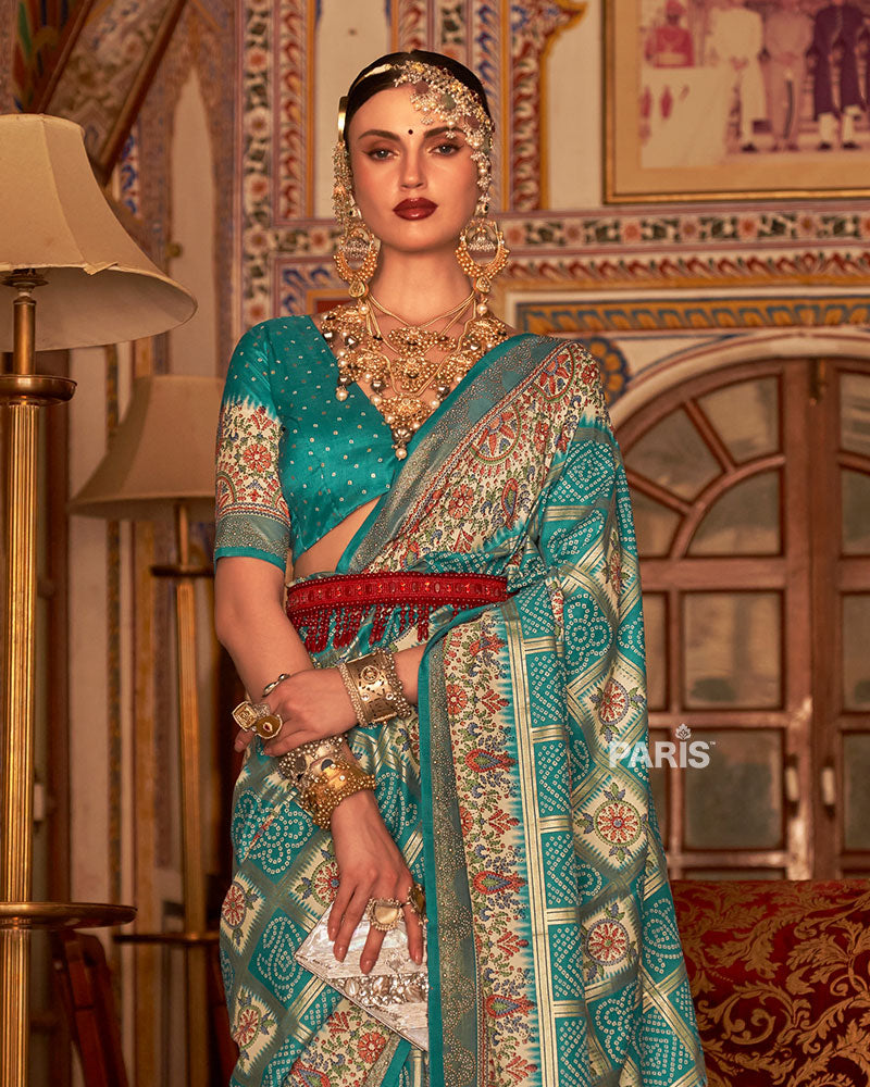 Rama Blue and Cream Bandhani Saree with Unstitched Blouse and Belt 02