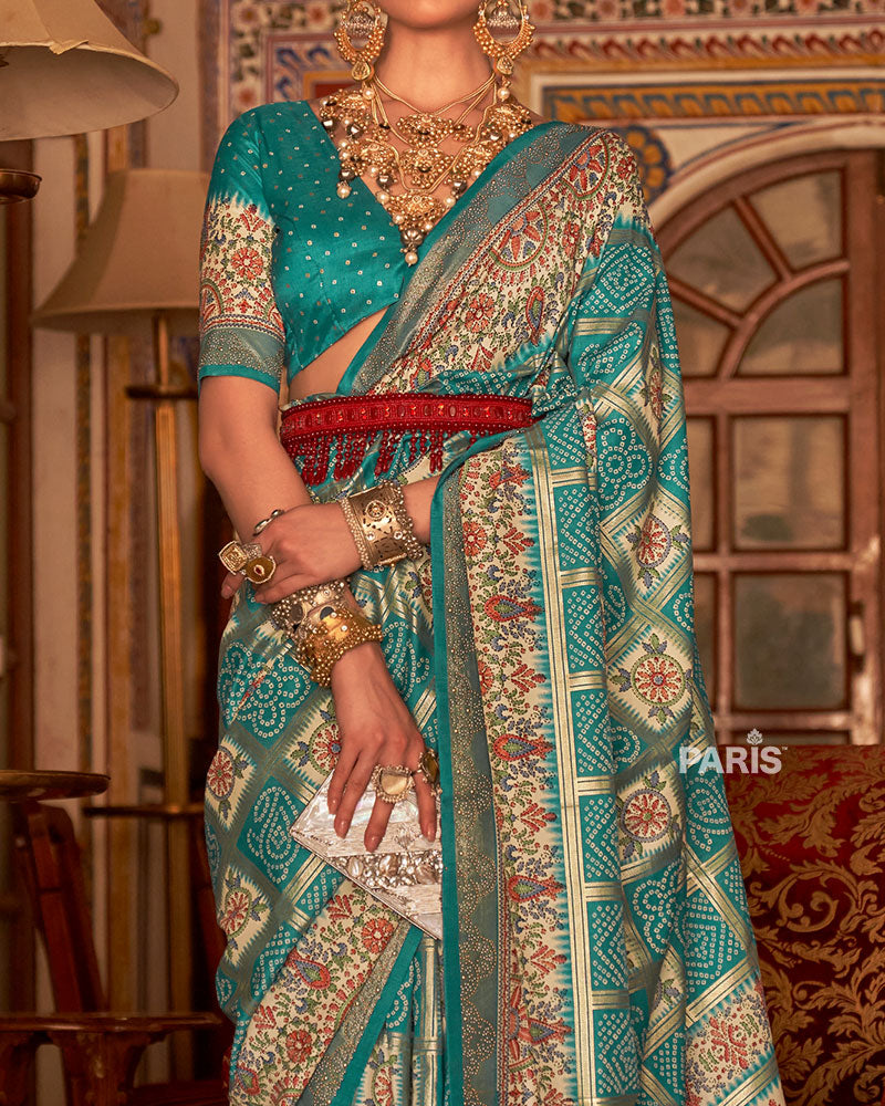 Rama Blue and Cream Bandhani Saree with Unstitched Blouse and Belt 03