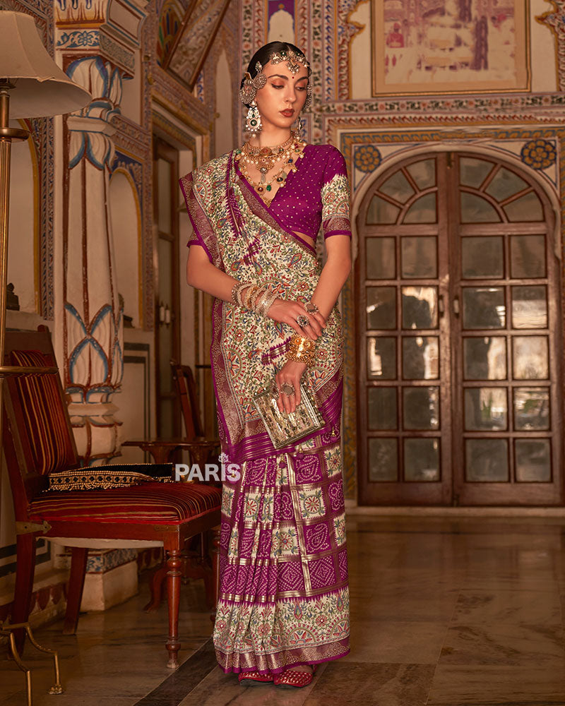 Magenta and Cream Bandhani Saree with Unstitched Blouse and Belt 01