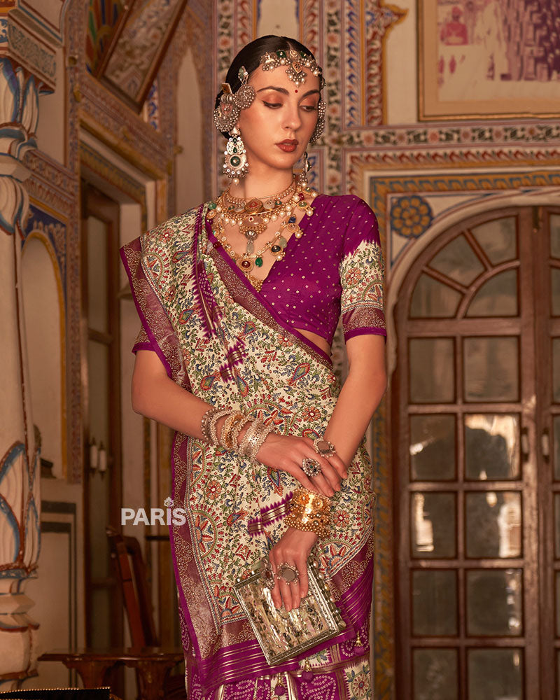 Magenta and Cream Bandhani Saree with Unstitched Blouse and Belt 02