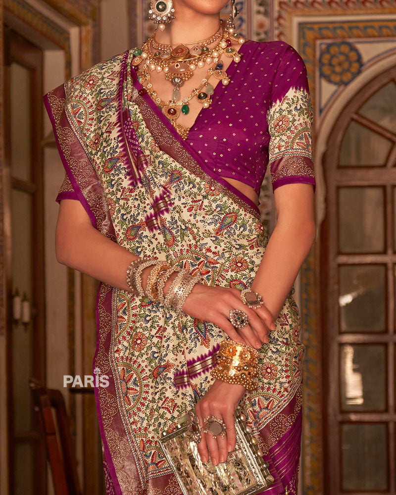 Magenta and Cream Bandhani Saree with Unstitched Blouse and Belt 03