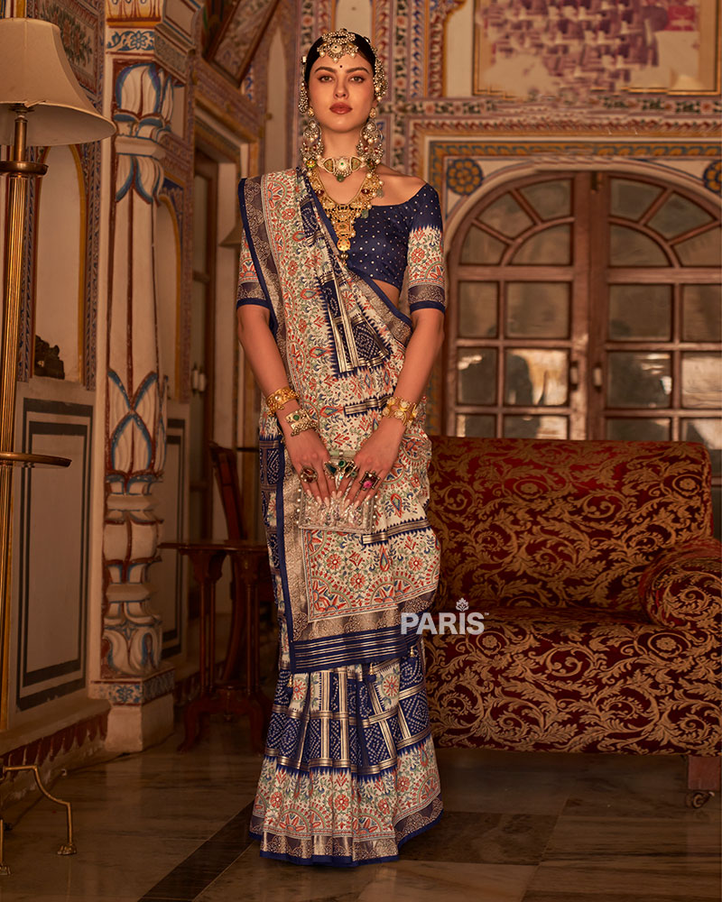Navy Blue and Cream Bandhani Saree with Unstitched Blouse and Belt 01