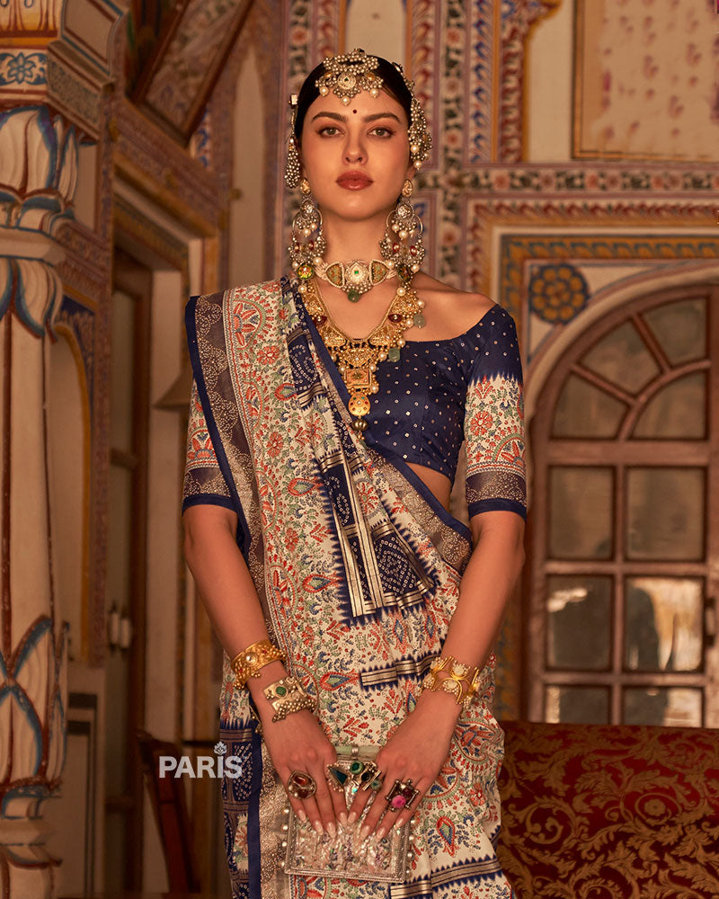 Navy Blue and Cream Bandhani Saree with Unstitched Blouse and Belt 02