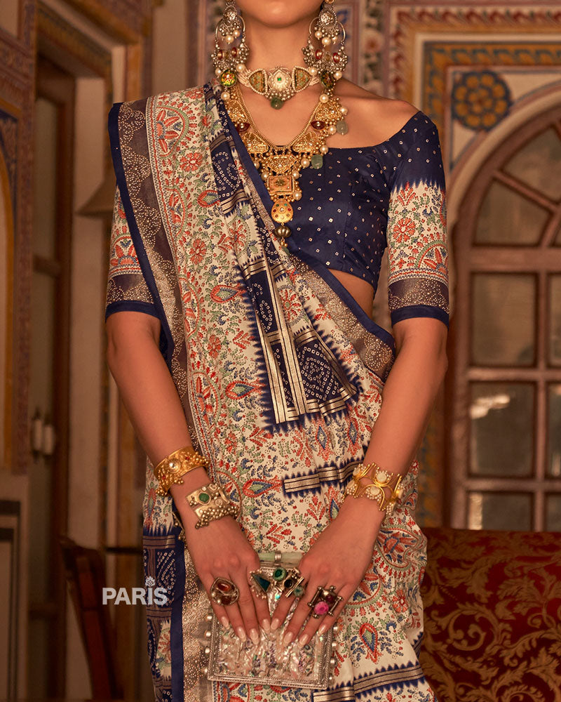 Navy Blue and Cream Bandhani Saree with Unstitched Blouse and Belt 03