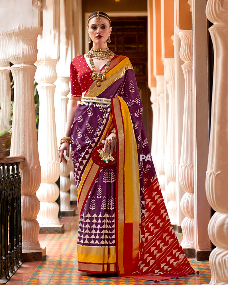 Purple Zari Embellished Borders Silk Saree with Unstitched Blouse