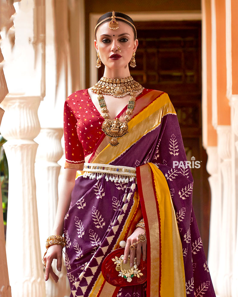 Purple Zari Embellished Borders Silk Saree with Unstitched Blouse