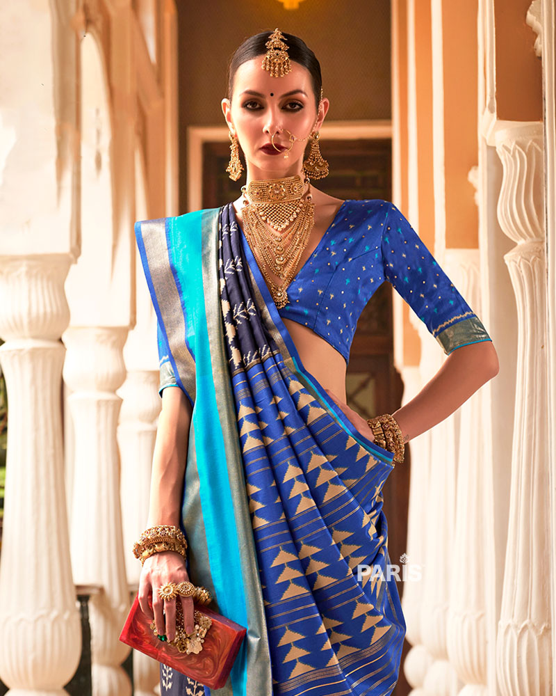 Deep Navy Blue Zari Embellished Borders Silk Saree with Unstitched Blouse