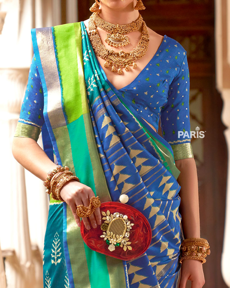Teal Zari Embellished Borders Silk Saree with Unstitched Blouse