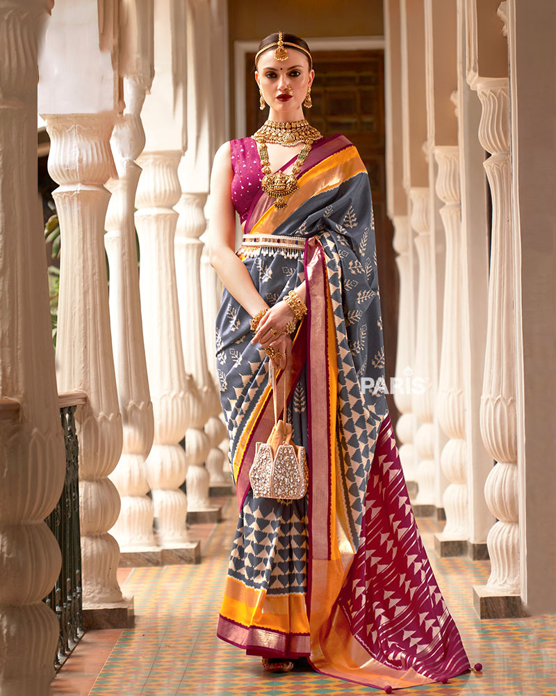 Grey Zari Embellished Borders Silk Saree with Unstitched Blouse