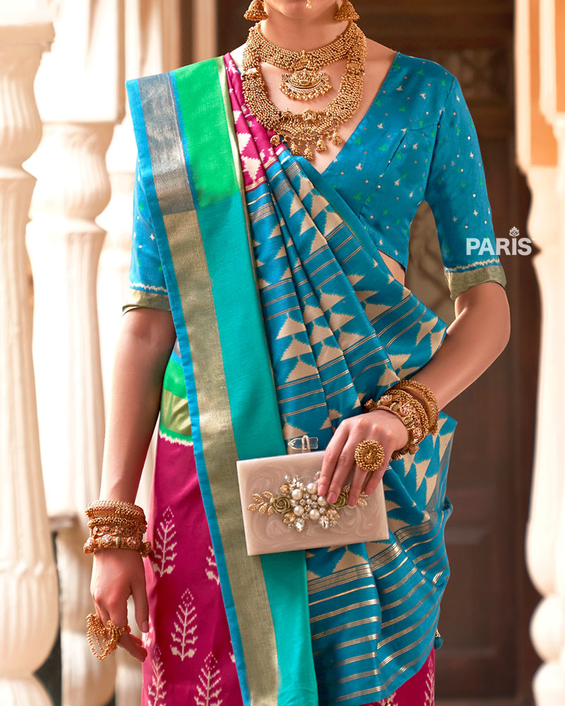 Deep Pink Zari Embellished Borders Silk Saree with Unstitched Blouse