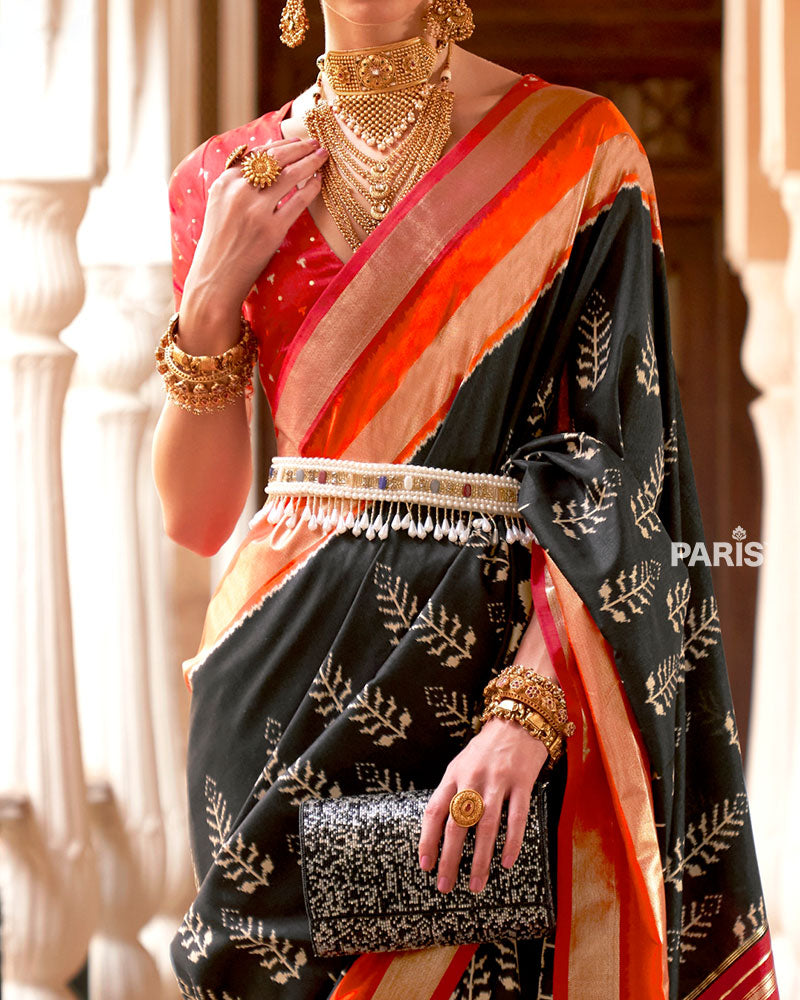 Black Zari Embellished Borders Silk Saree with Unstitched Blouse