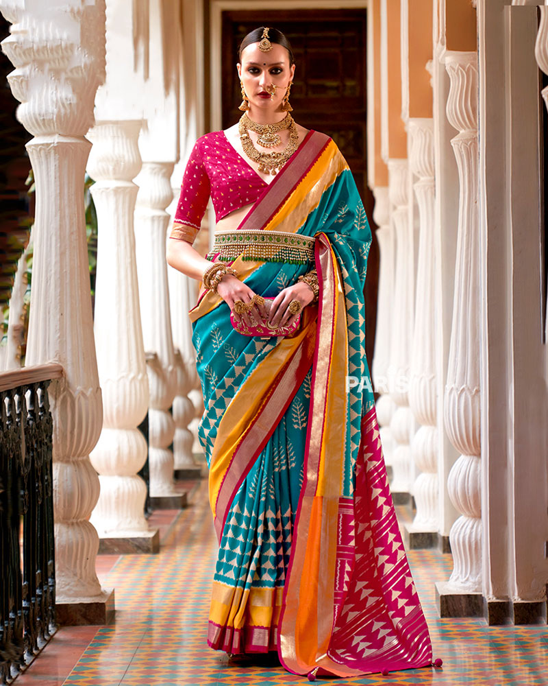 Turquoise Zari Embellished Borders Silk Saree with Unstitched Blouse