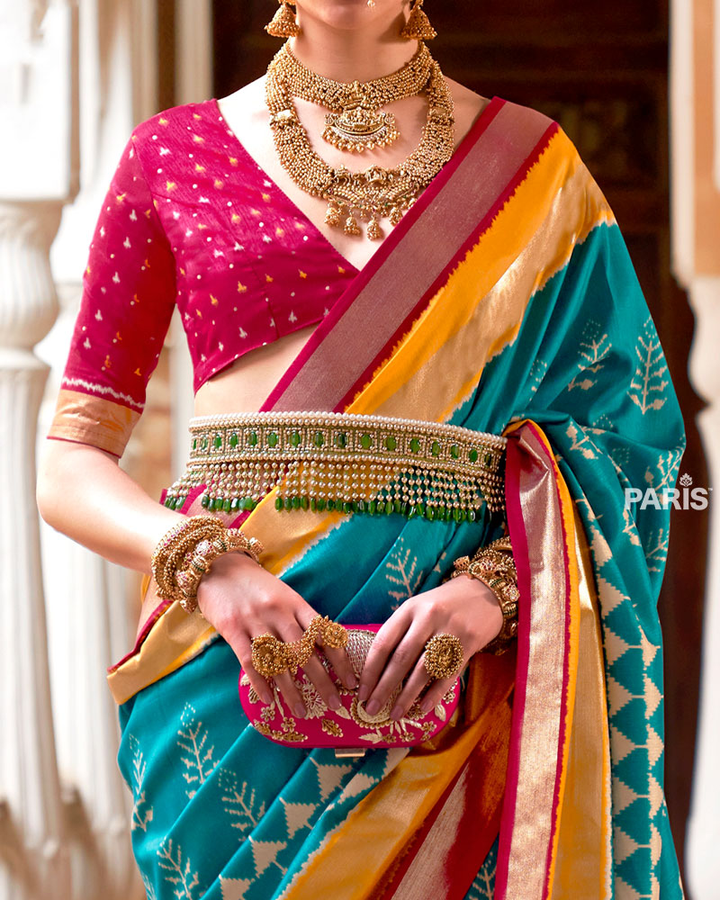 Turquoise Zari Embellished Borders Silk Saree with Unstitched Blouse