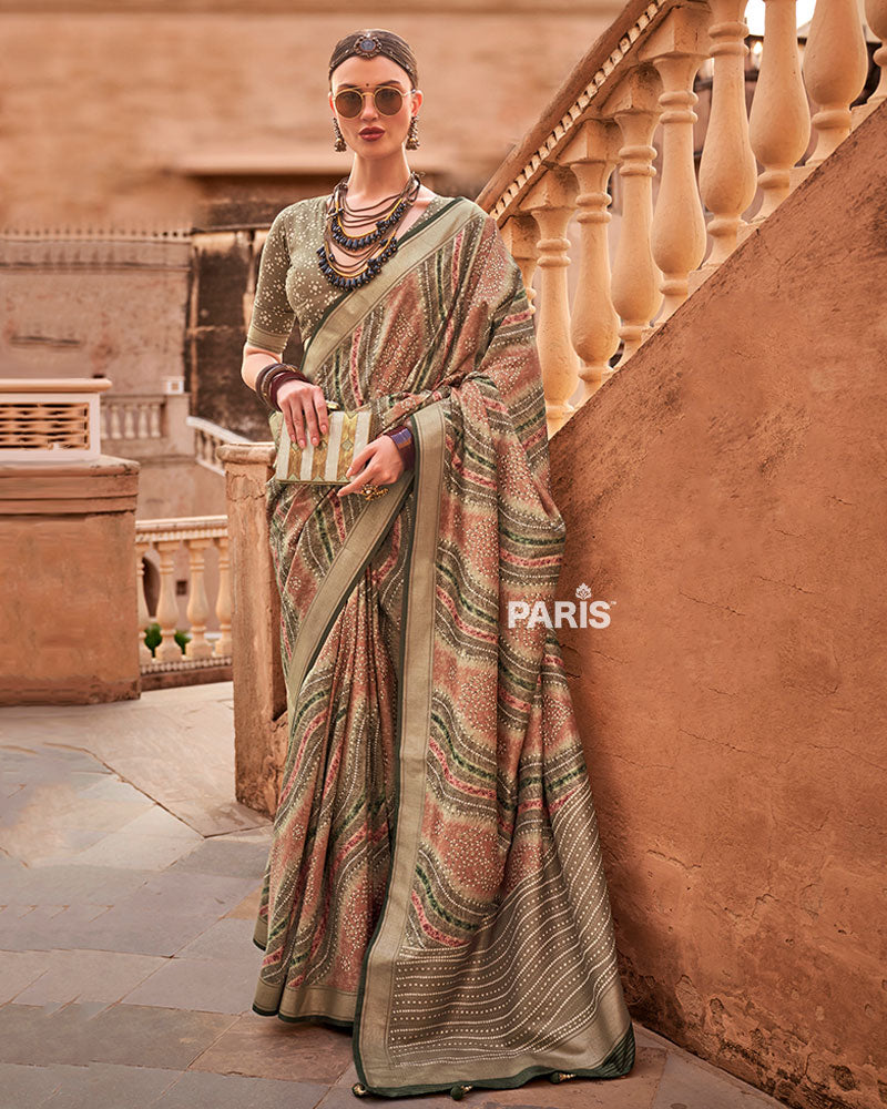 Olive Green Zari Weaving Silk Saree with Unstitched Blouse
