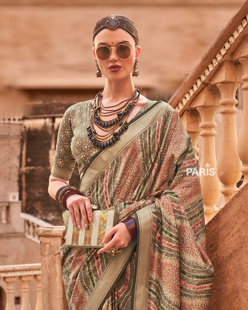 Olive Green Zari Weaving Silk Saree with Unstitched Blouse