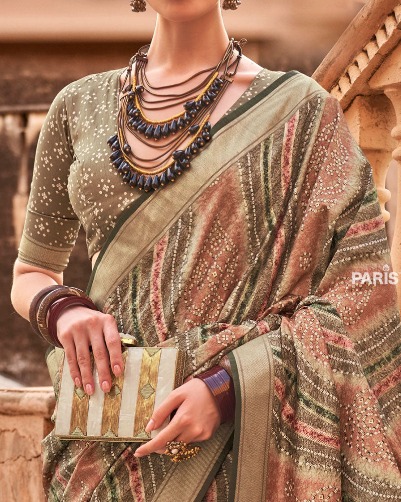 Olive Green Zari Weaving Silk Saree with Unstitched Blouse