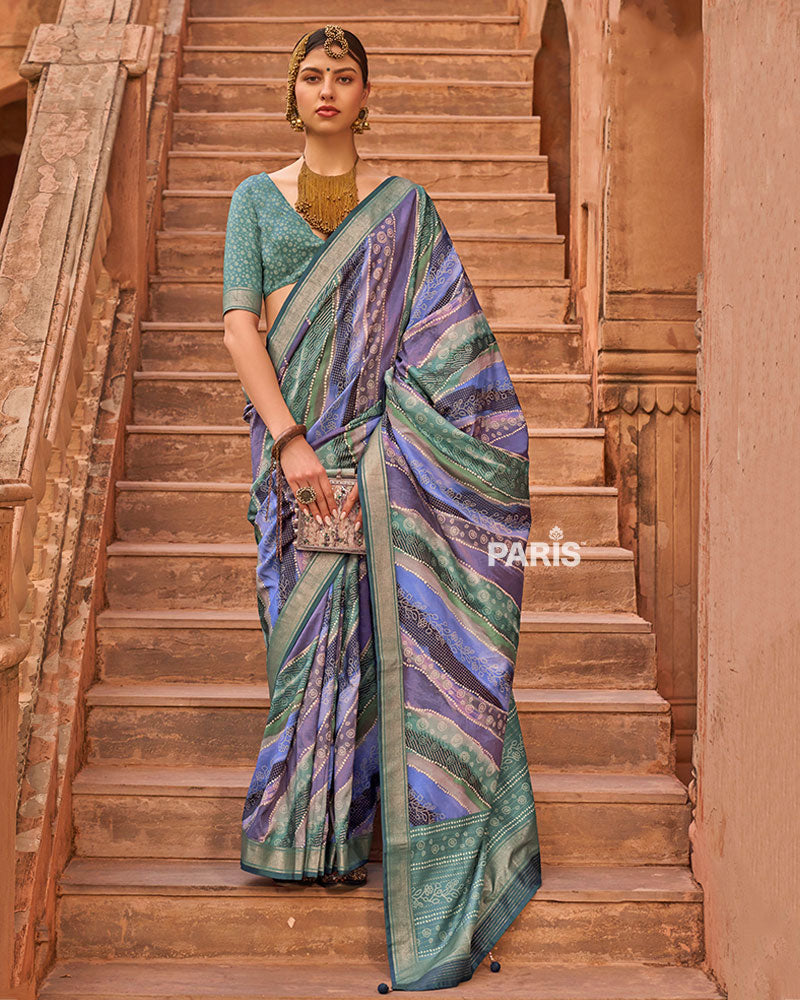 Lavender and Blue Zari Weaving Silk Saree with Unstitched Blouse