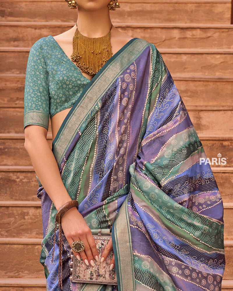 Lavender and Blue Zari Weaving Silk Saree with Unstitched Blouse