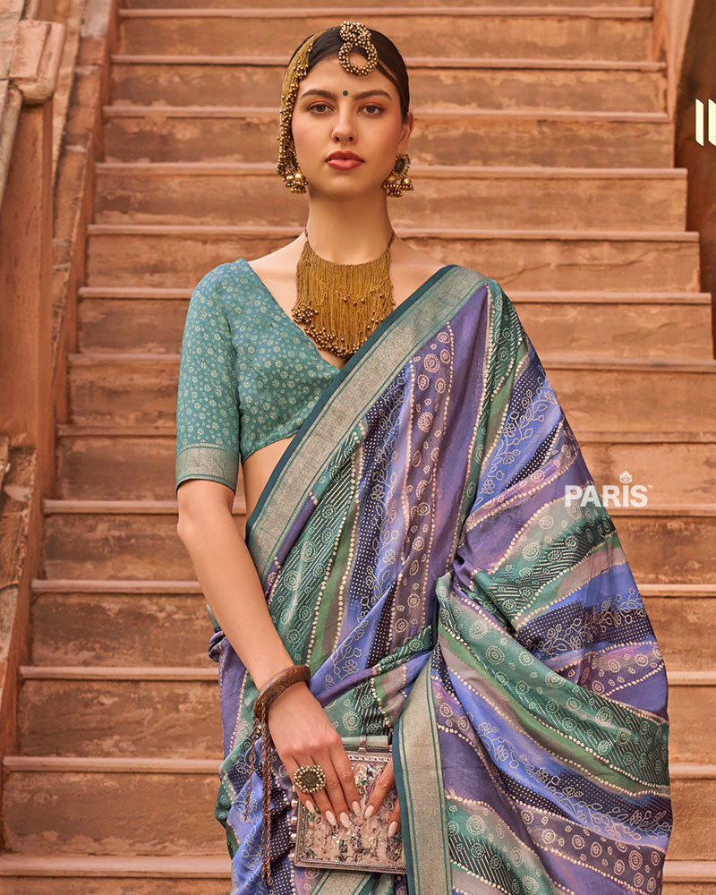 Lavender and Blue Zari Weaving Silk Saree with Unstitched Blouse