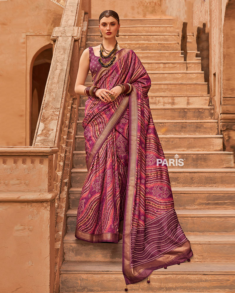Magenta Zari Weaving Silk Saree with Unstitched Blouse