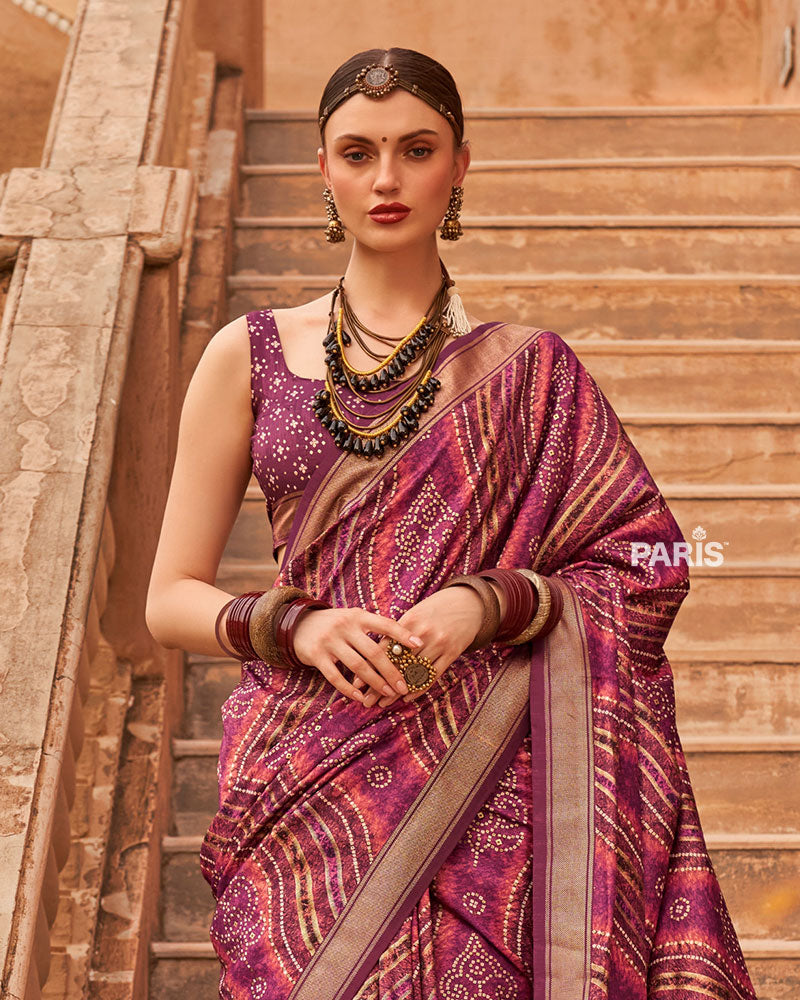 Magenta Zari Weaving Silk Saree with Unstitched Blouse