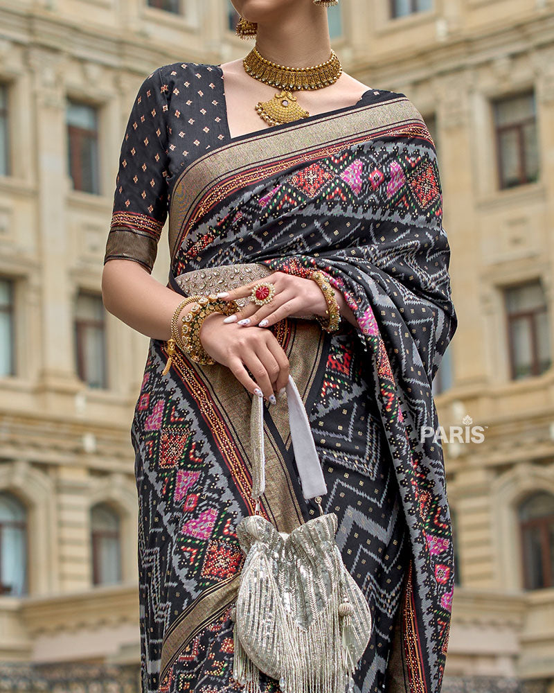 Black Printed Patola Saree with Zari Woven Border and Unstitched Blouse