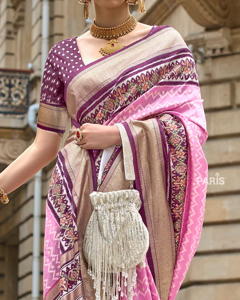 Pink and Magenta Patola Printed Saree with Zari Border & Unstitched Blouse