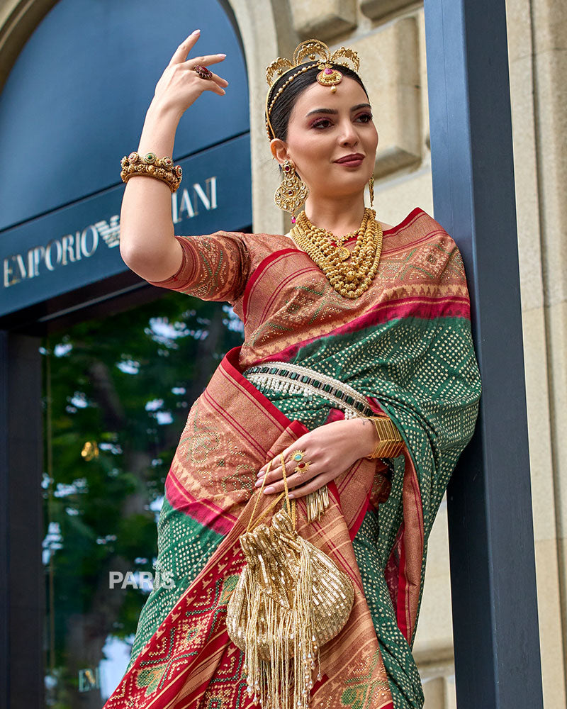 Green and Red Bandhani Printed Saree with Zari Border & Unstitched Blouse