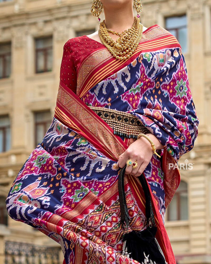 Blue and Multicolor Patola Printed Saree with Zari Border & Unstitched Blouse