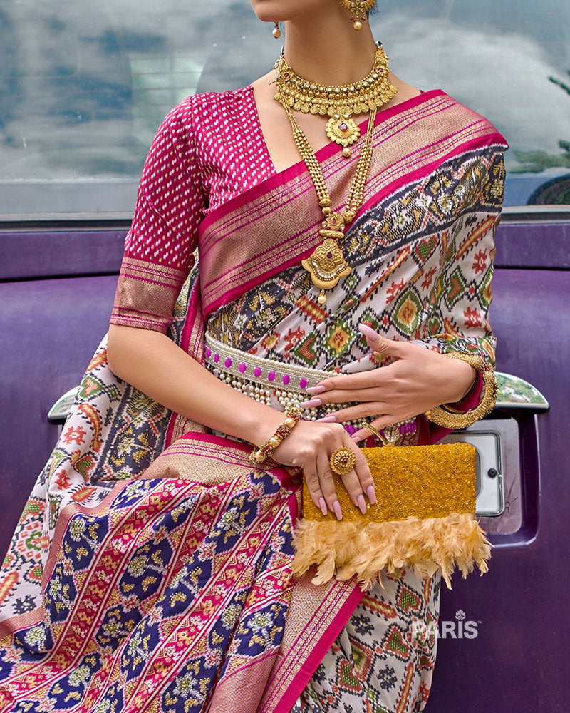 White, Pink and Gold Patola Printed Saree with Zari Border & Unstitched Blouse
