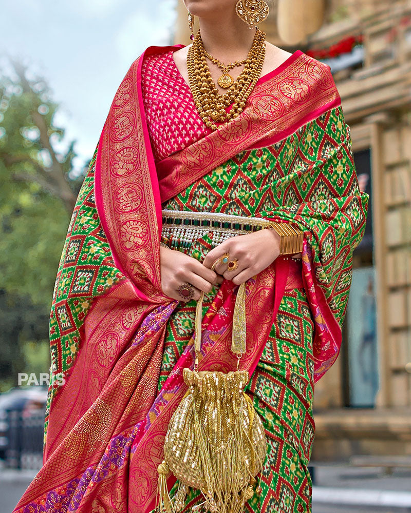 Green and Pink Patola Printed Saree with Zari Border and Unstitched Blouse