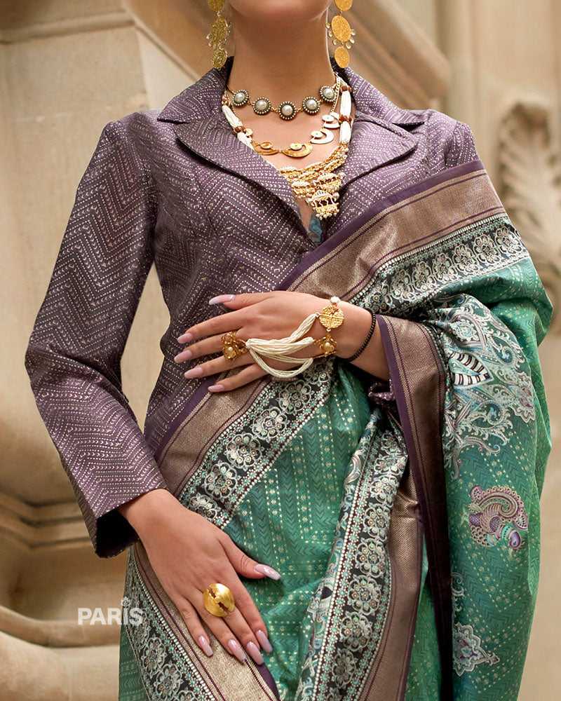 Green Silk Saree with Red Zari Border & Unstitched Blouse