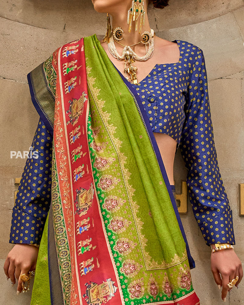 Turquoise Blue Silk Saree with Multicolor Border & Blouse