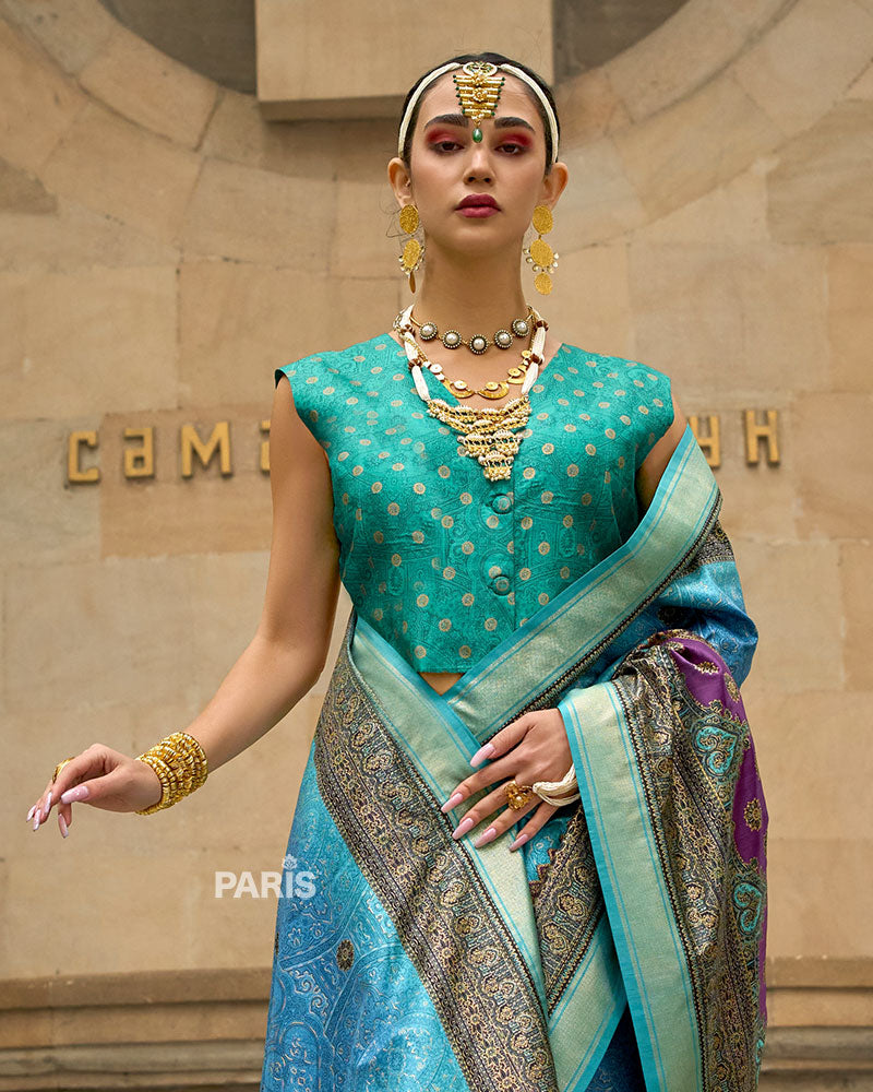Green Silk Saree with Rust Multicolor Border & Blouse