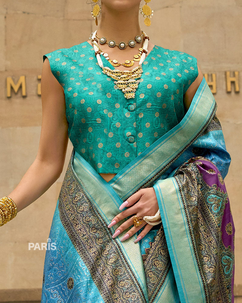 Green Silk Saree with Rust Multicolor Border & Blouse