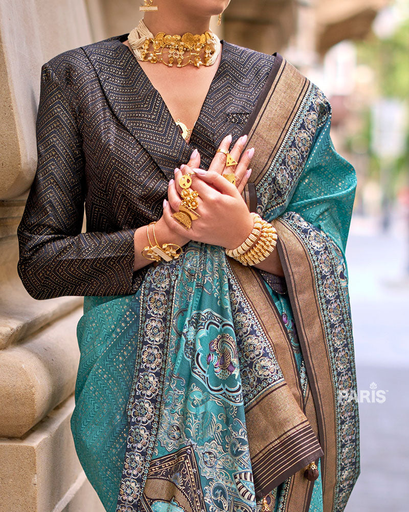 Pink Banarasi Saree with Teal Zari Border & Blouse