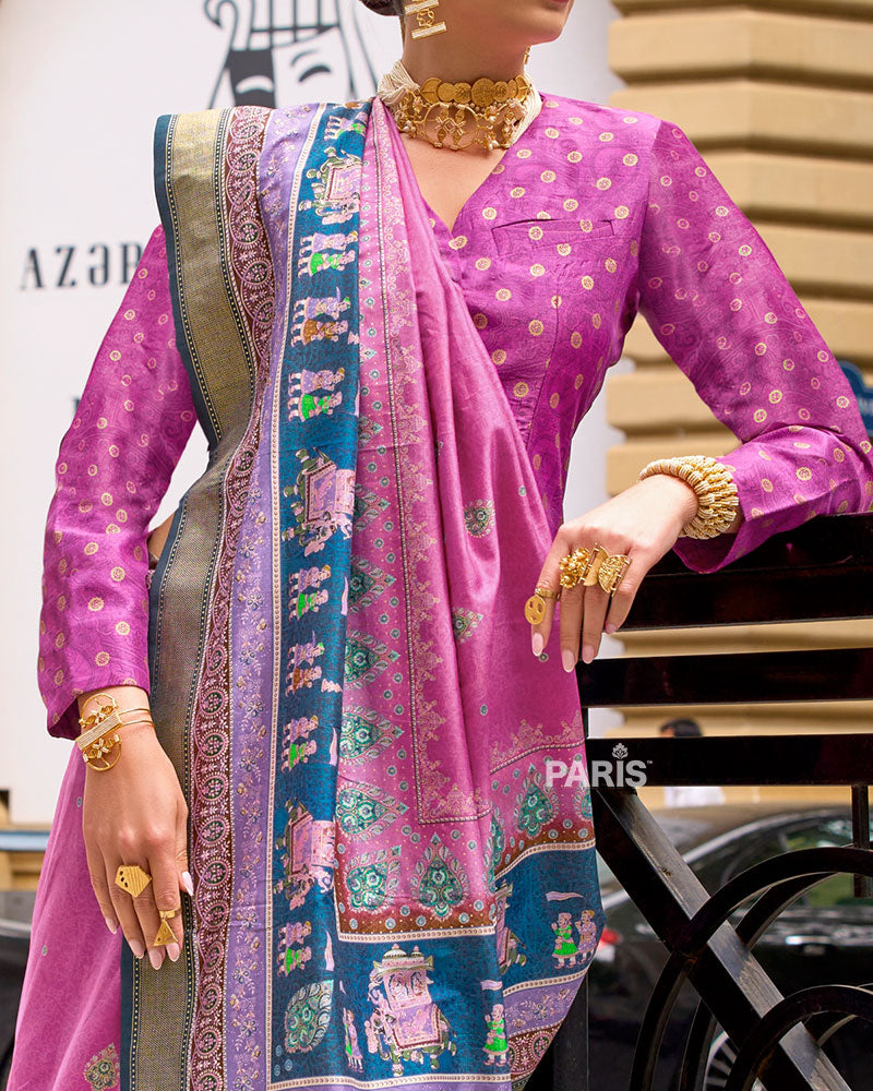 Teal Floral Silk Saree with Cream Border & Blouse