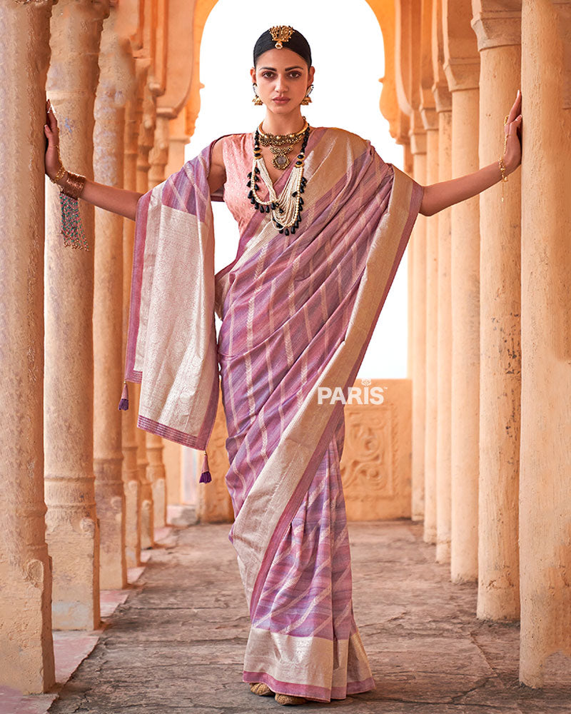 Lavender-Pink Striped Pattern and Golden Border Silk Saree with Unstitched Blouse