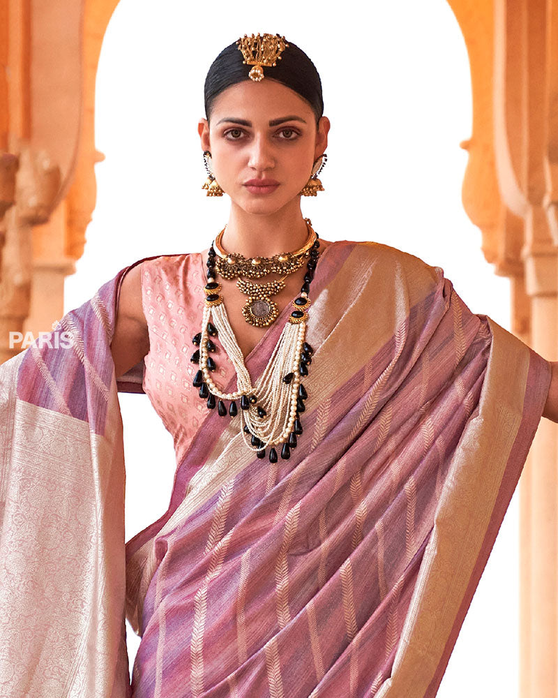 Lavender-Pink Striped Pattern and Golden Border Silk Saree with Unstitched Blouse