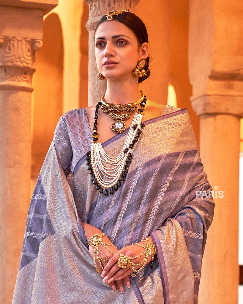 Purple Striped Pattern and Golden Border Silk Saree with Unstitched Blouse
