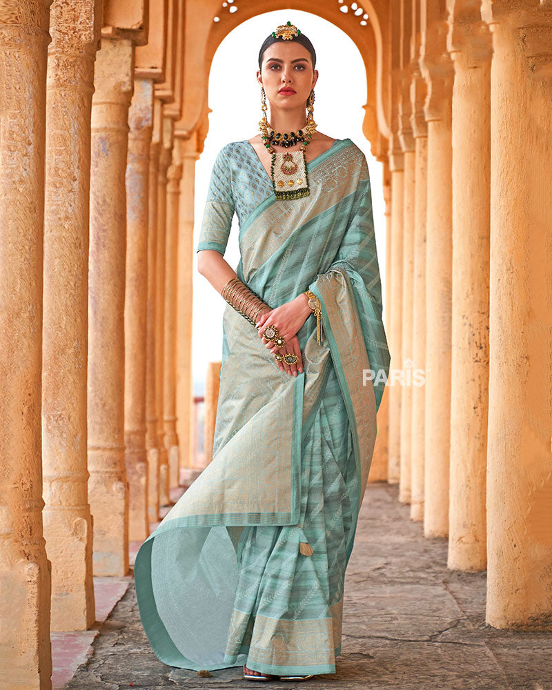 Opal Striped Pattern and Golden Border Silk Saree with Unstitched Blouse