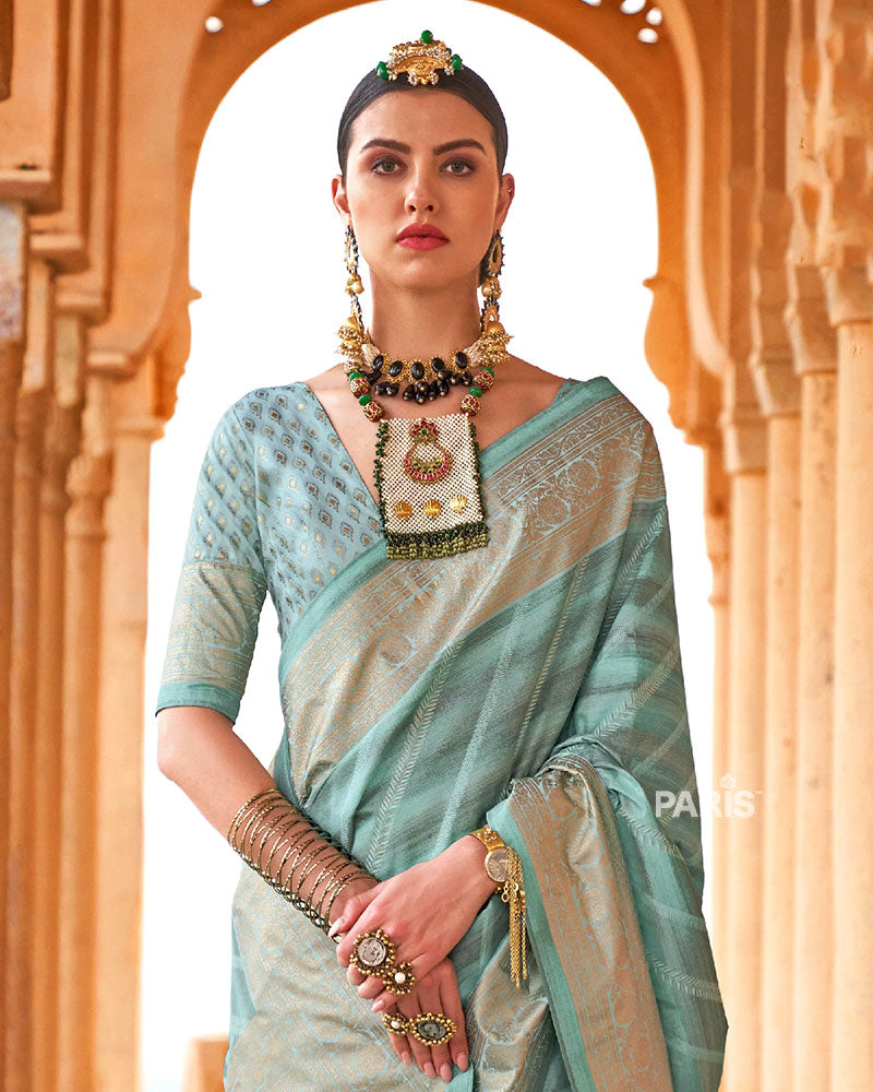 Opal Striped Pattern and Golden Border Silk Saree with Unstitched Blouse