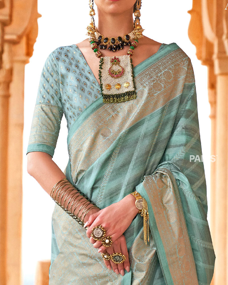 Opal Striped Pattern and Golden Border Silk Saree with Unstitched Blouse