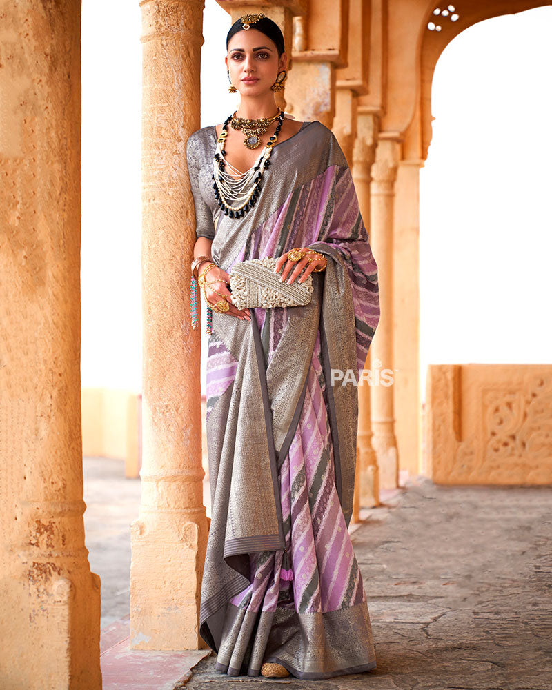 Lavender Striped Pattern and Grey Silver Border Silk Saree with Unstitched Blouse