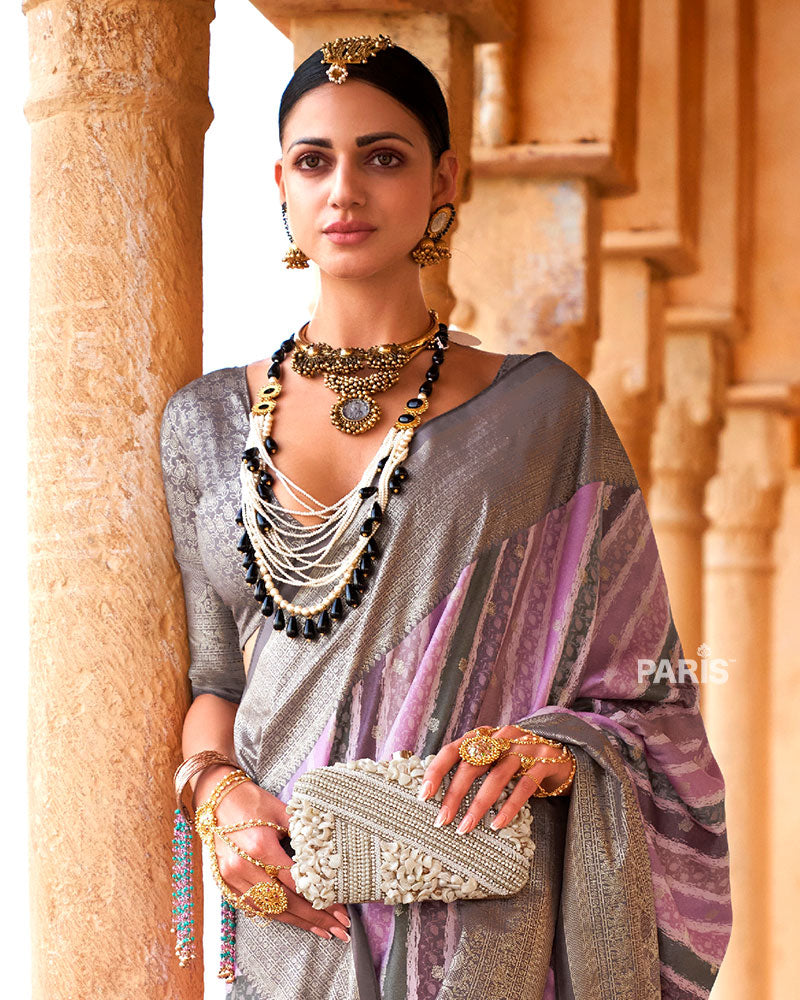 Lavender Striped Pattern and Grey Silver Border Silk Saree with Unstitched Blouse